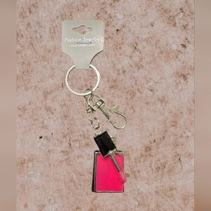 NWT Nail Polish Bottle Keychain Bag Charm Pink and Black Enamel Charm 4"